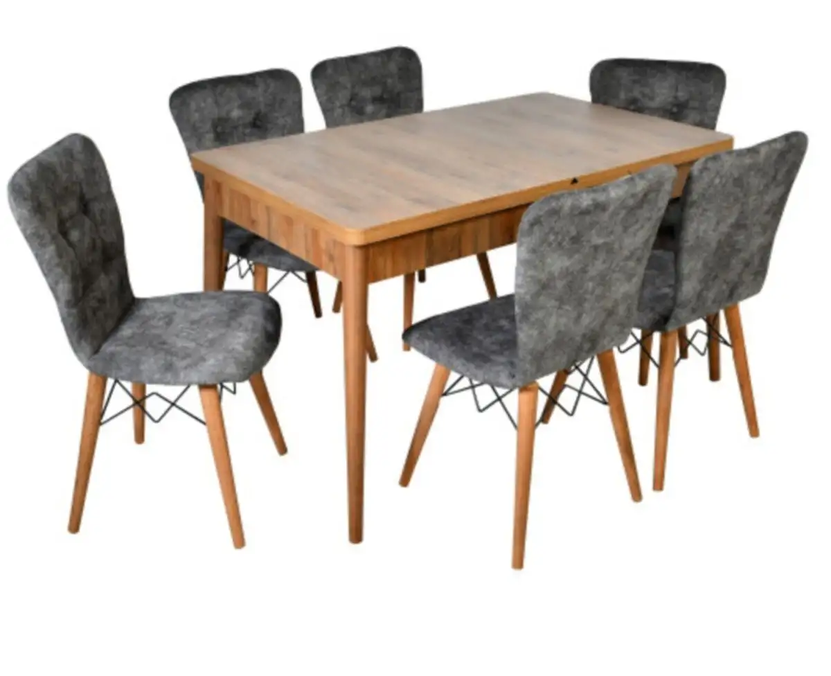 Set masa extensibila cu 6 scaune tapitate Homs nuc-gri 170 x 80 cm