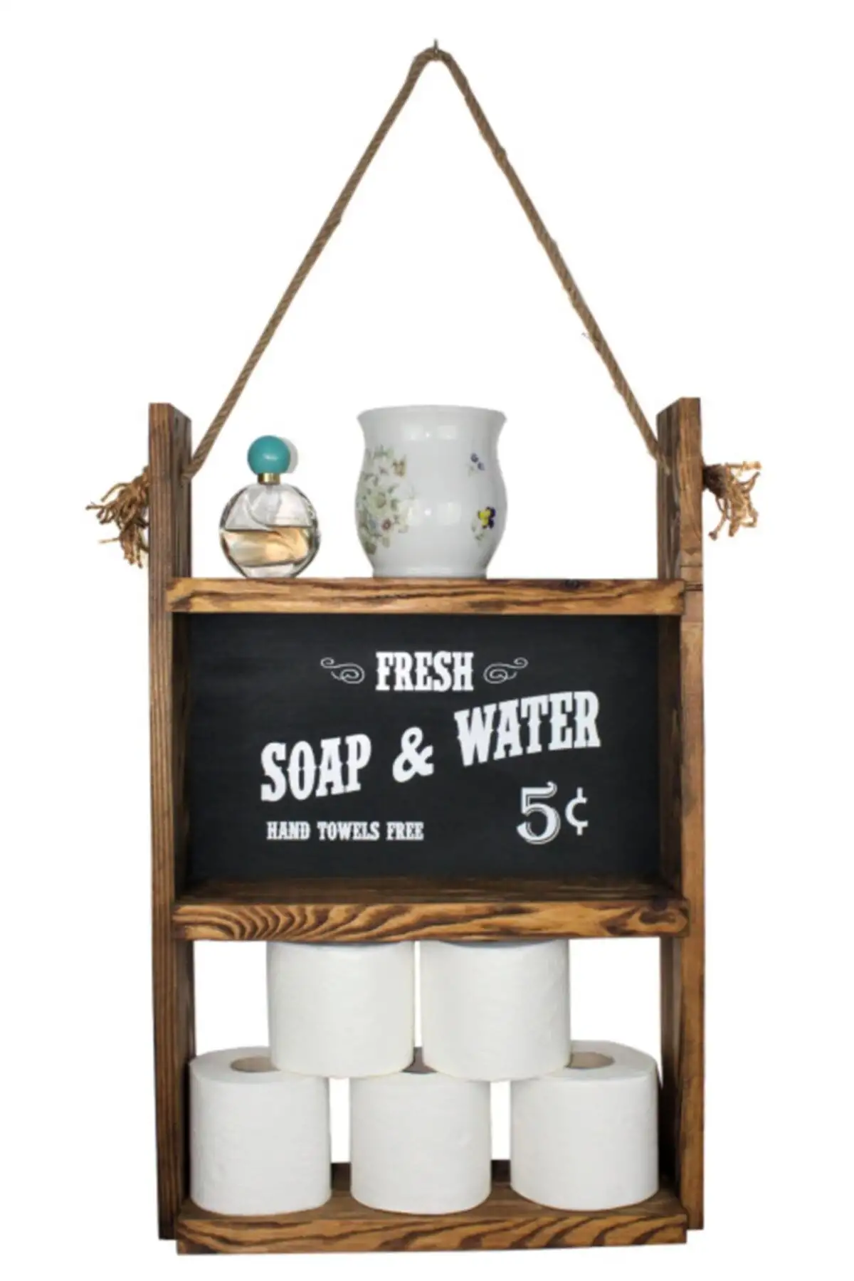 Raft din lemn cu sfoara Rustic Homs, 60 x 40 x 13 cm, maro