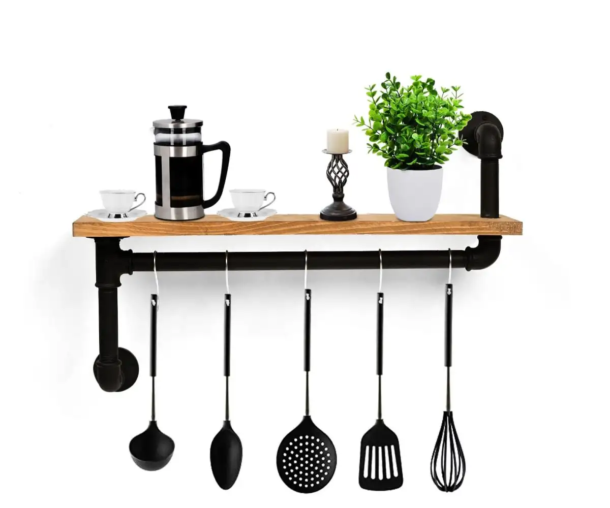 Raft stil industrial cu agatatori bucatarie Homs 50x12  nuc-negru