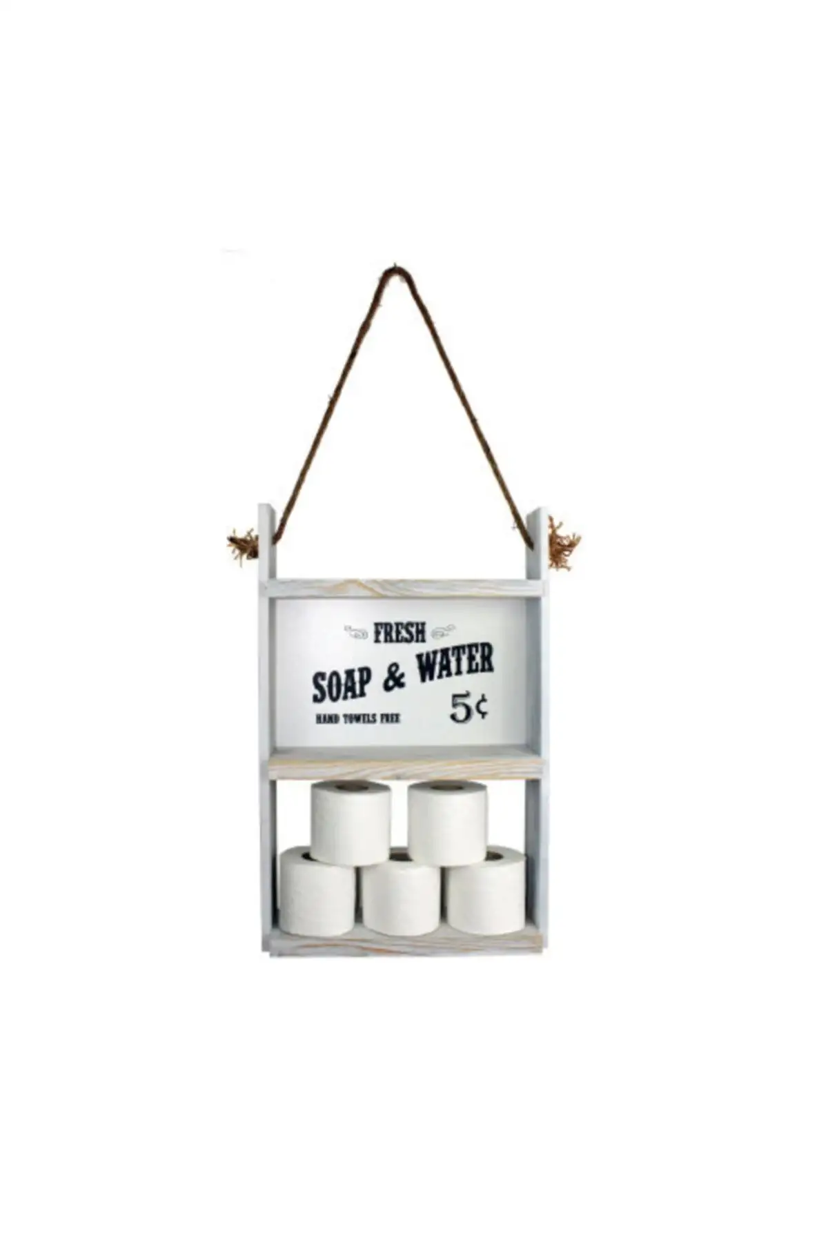 Resigilat:Raft din lemn cu sfoara Farmhouse Homs, 60 x 40 x 13 cm, alb antic