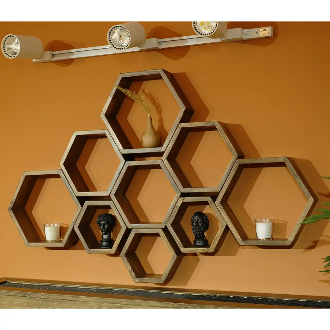 Set 9 rafturi perete Hexa Homs,Seia A620,lemn natur,30325