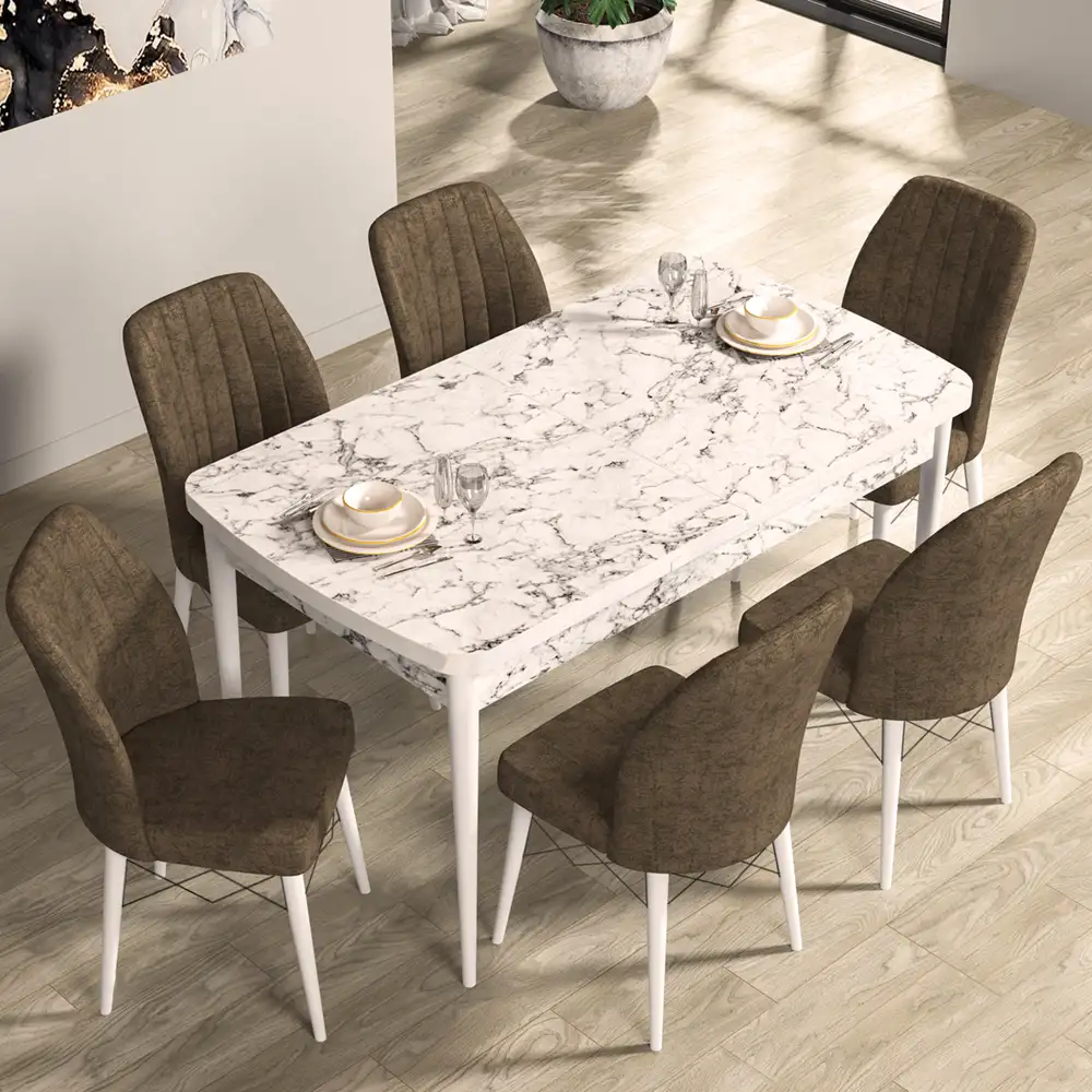 Set masa si 6 scaune colare masa marmurat bej scaune tapitat maro