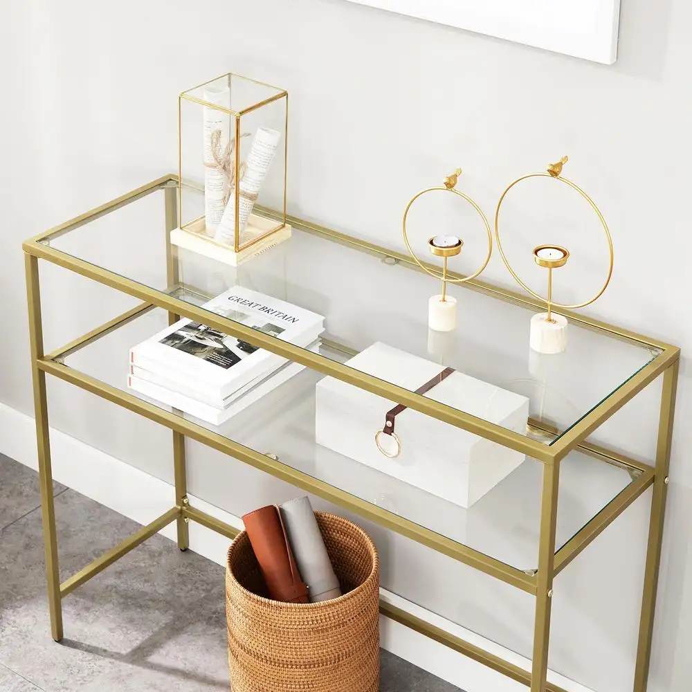 Consola Carolina din sticla si metal culoare auriu, 90x80x30 cm